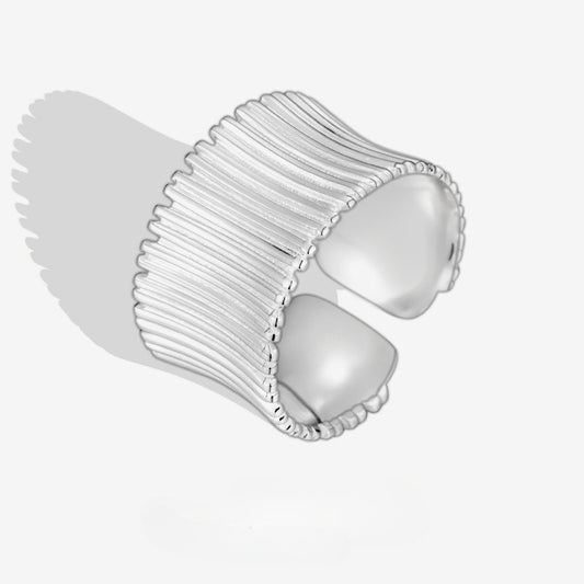 Niche Design 925 Sterling Silver Pleated Wide-sided Geometric Striped Opening Adjustable Ring