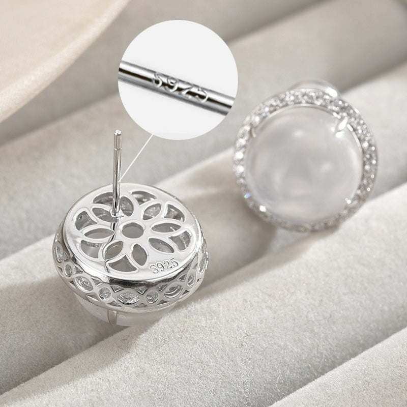 S925 Sterling Silver Stud Earrings High-end Natural Foam Jade Stud Earrings Clear Round Earrings Women's Gift