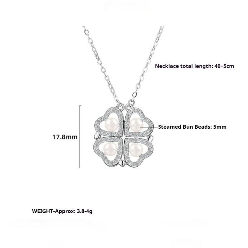 925 Sterling Silver Micro-inlaid Zircon Two Wearing Four-leaf Love Pearl Necklace Women's Niche Design Collarbone Chain