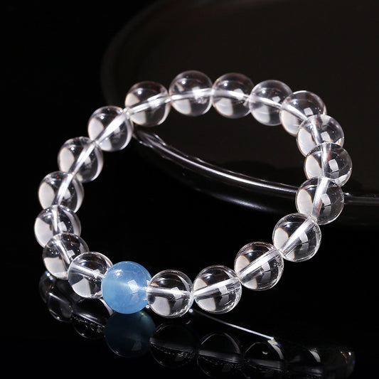 7A Natural White Crystal, Aquamarine Top Bead Bracelet for Men and Women