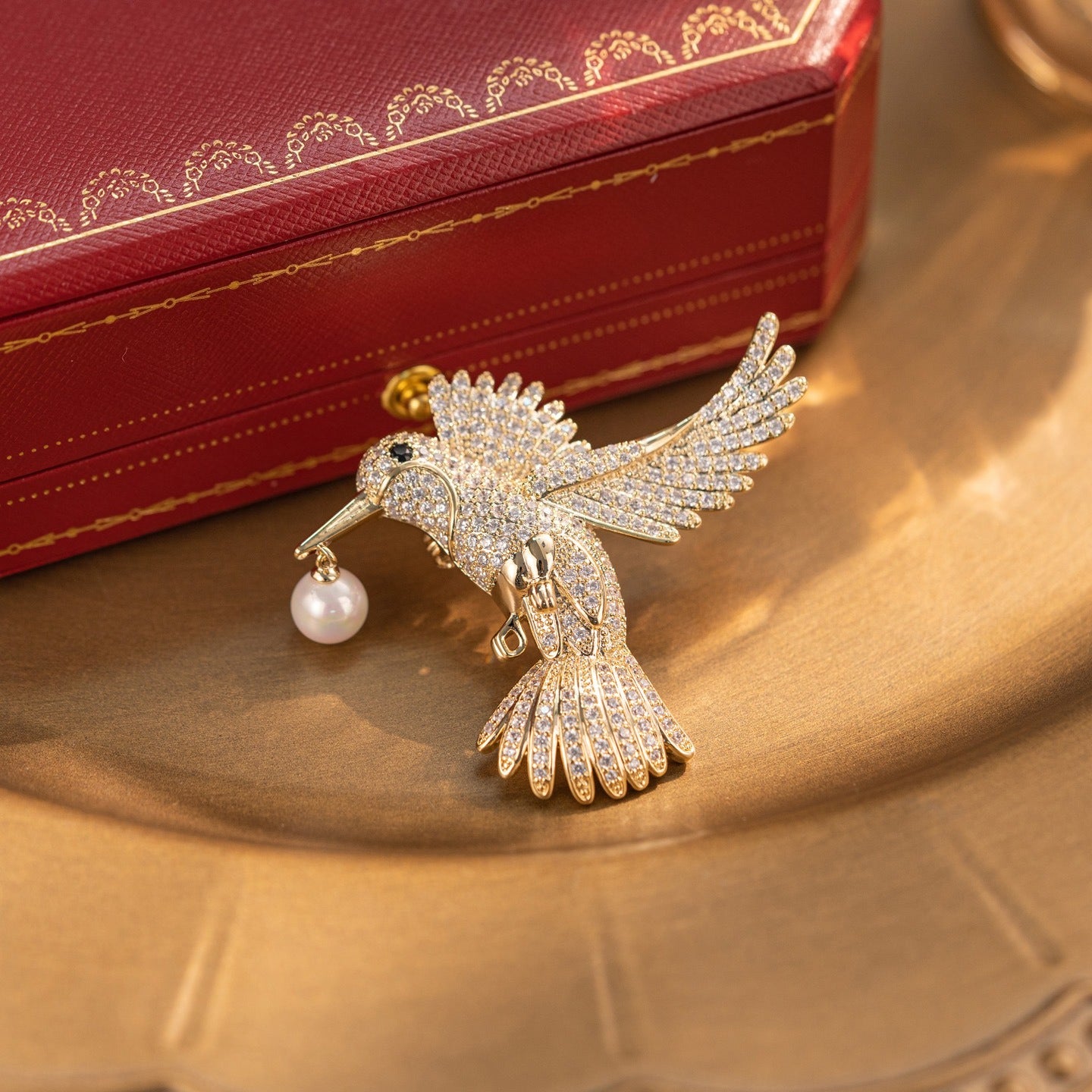Silver White Pearl Hummingbird Brooch with Diamonds