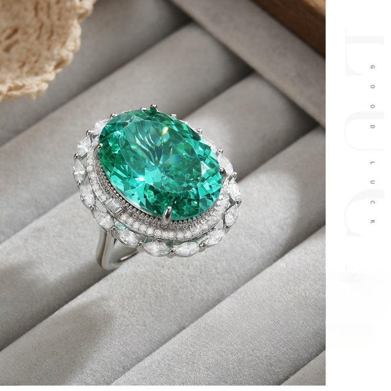 Dapaza S925 Sterling Silver Ring High Luxury Ice Flower Cut Open Ring Green Diamond Ring Women's Fashion Ring
