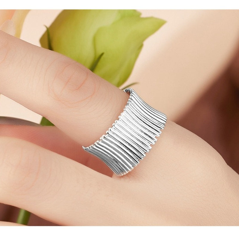 Niche Design 925 Sterling Silver Pleated Wide-sided Geometric Striped Opening Adjustable Ring