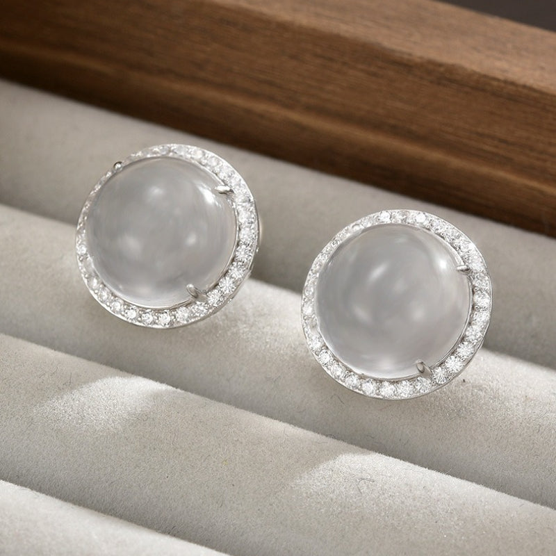 S925 Sterling Silver Stud Earrings High-end Natural Foam Jade Stud Earrings Clear Round Earrings Women's Gift