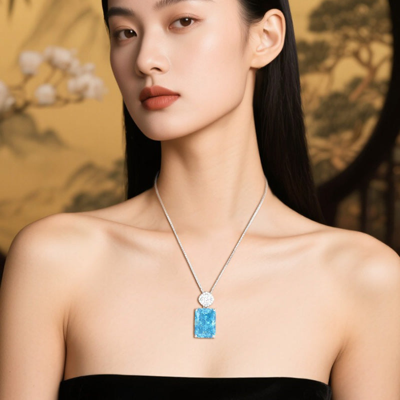 High Sense S925 Silver Necklace Natural Aquamarine Light Luxury Niche Pendant Sugar Cube Fashion High Sense Collarbone Chain