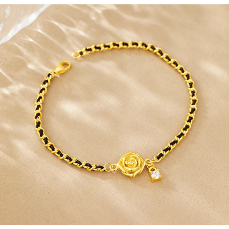2025 Popular Bracelet Light Luxury High Sense 925 Sterling Silver Black Gold Camellia Woven Hand Jewelry