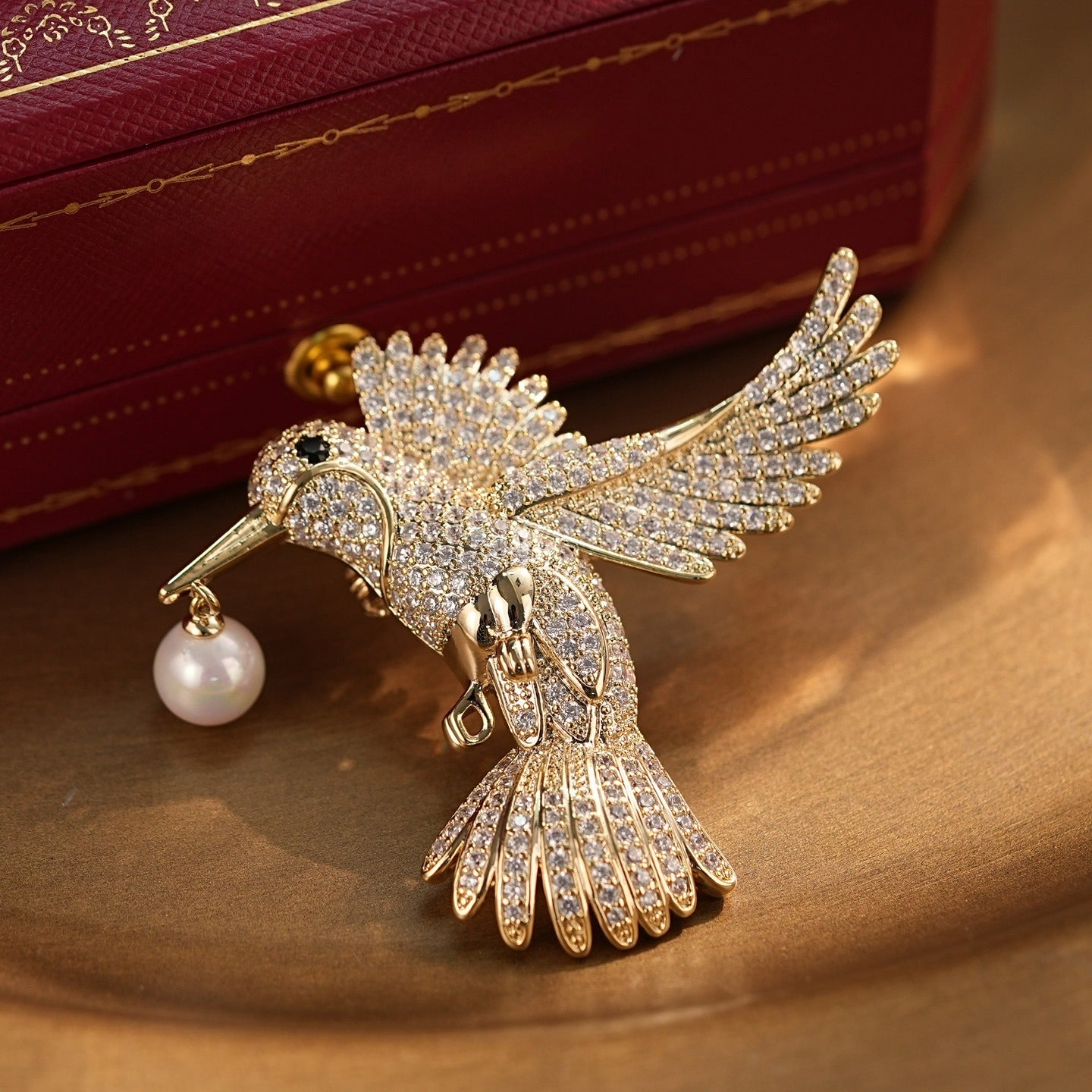 Silver White Pearl Hummingbird Brooch with Diamonds