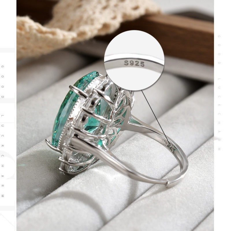 Dapaza S925 Sterling Silver Ring High Luxury Ice Flower Cut Open Ring Green Diamond Ring Women's Fashion Ring