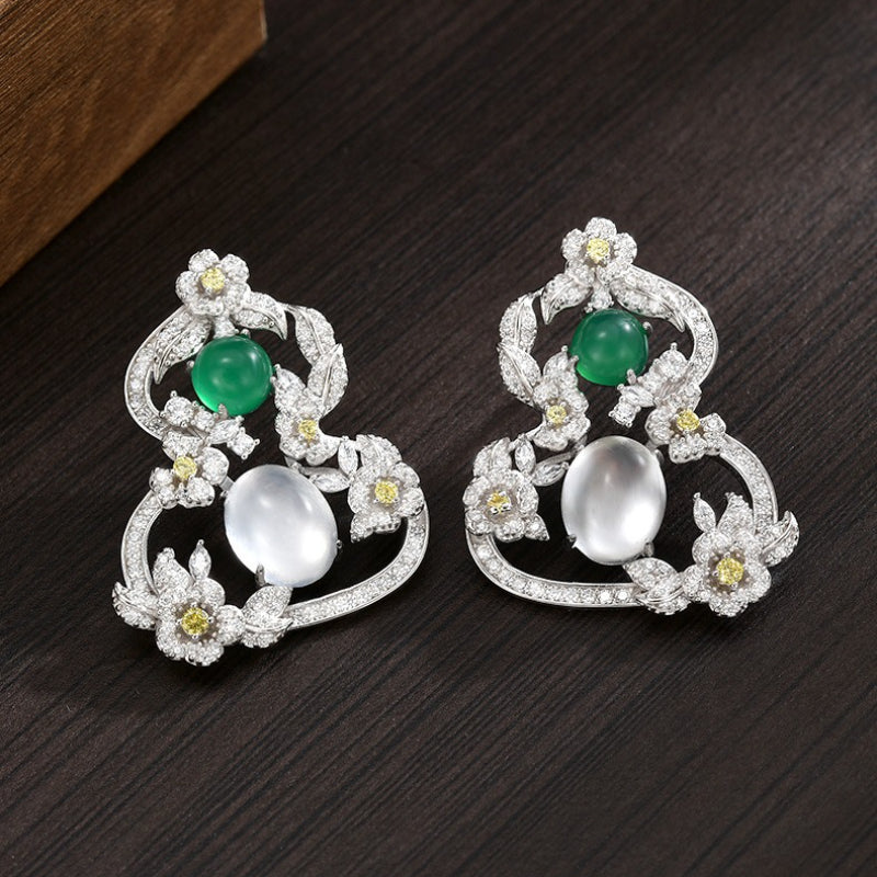 S925 Sterling Silver Earrings Women's High-end Sense Hollow Chalcedony Gourd Stud Earrings Exquisite Creative Versatile Earrings
