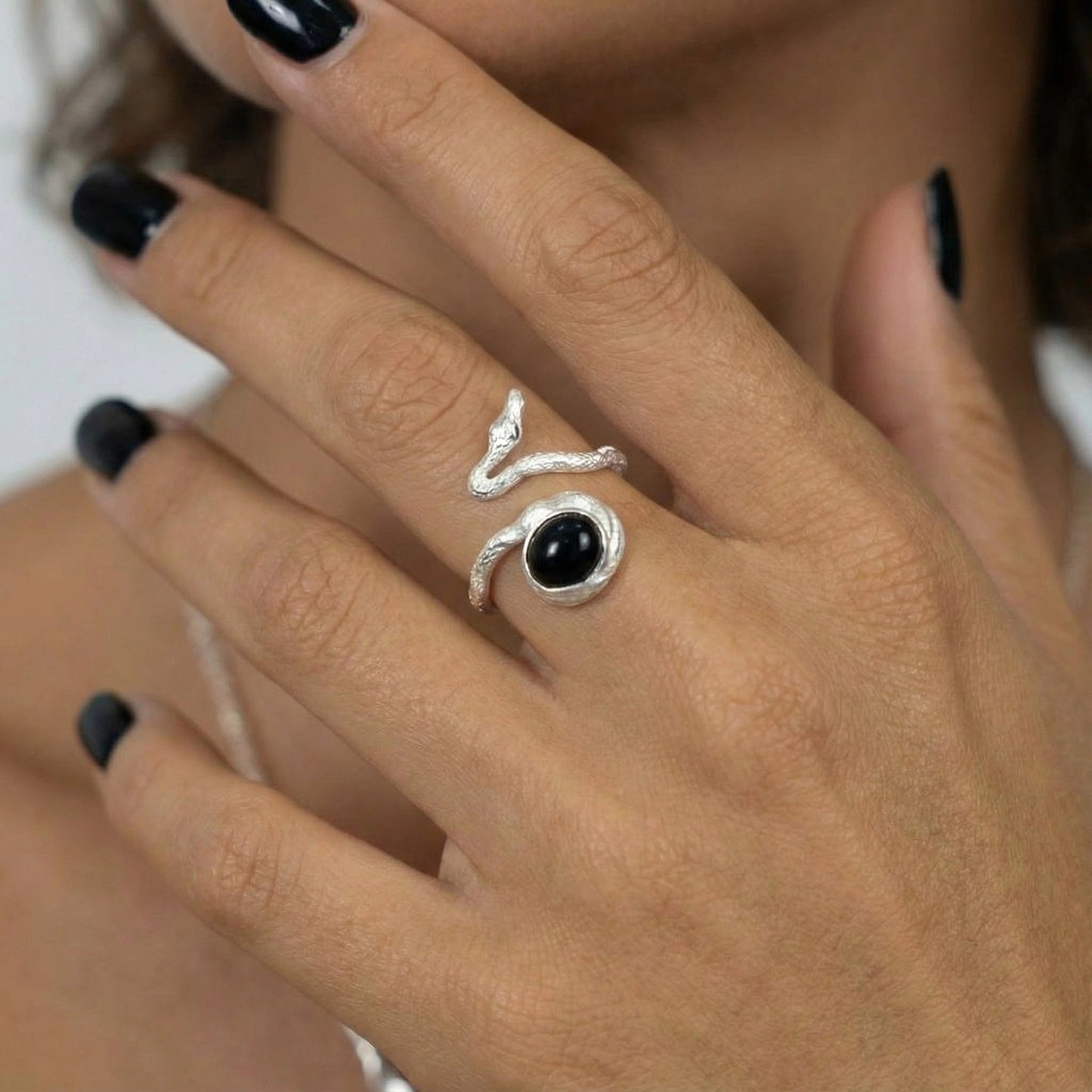 S925 Sterling Silver Black Onyx Open Ring – Adjustable Minimalist Wave Design Ring