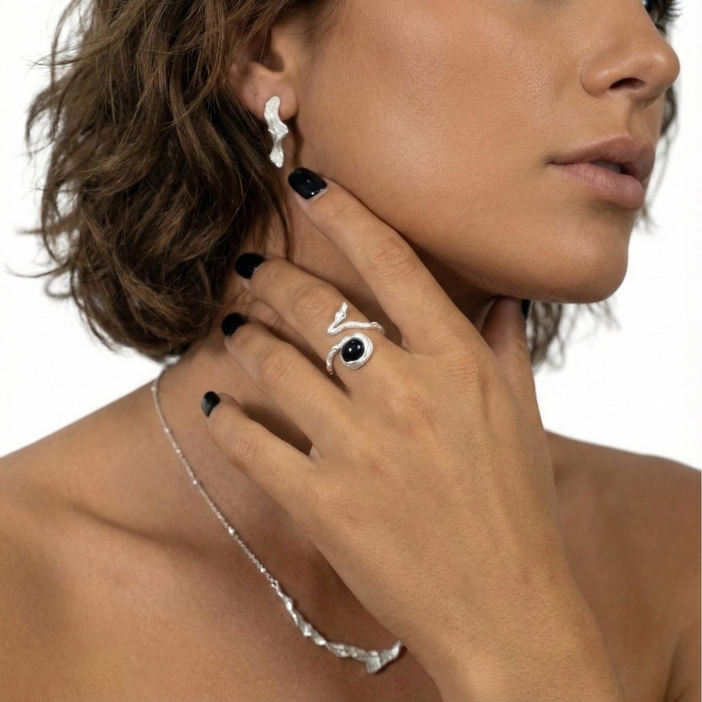 S925 Sterling Silver Black Onyx Open Ring – Adjustable Minimalist Wave Design Ring