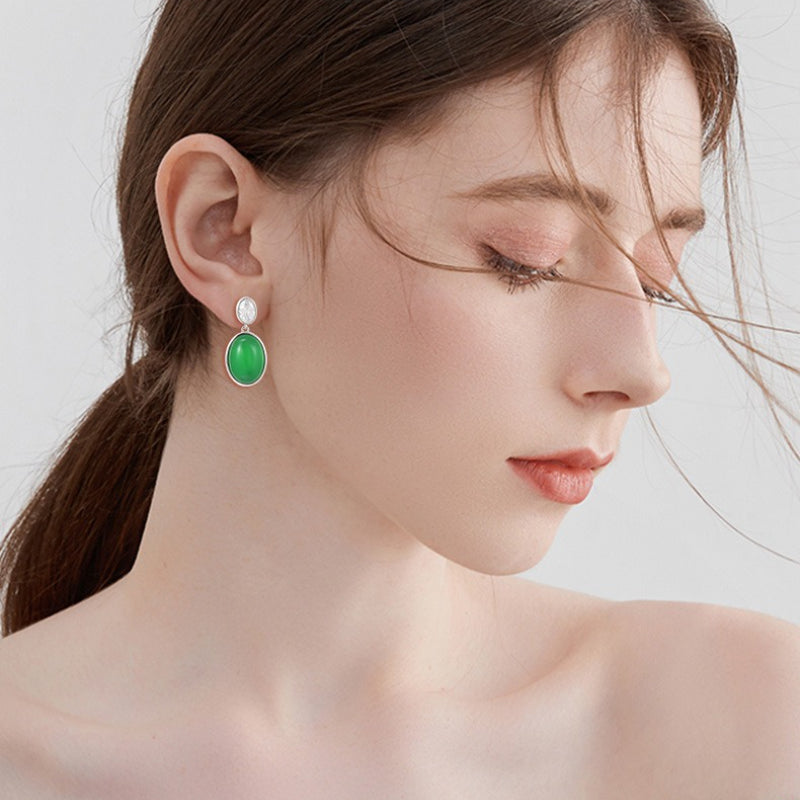 S925 Whole Body Sterling Silver Double-sided Natural Chalcedony Stud Earrings, Earrings, Egg Surface Earrings