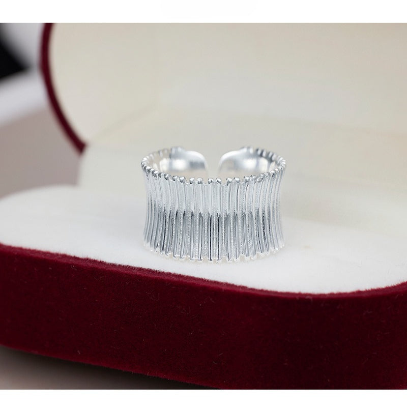 Niche Design 925 Sterling Silver Pleated Wide-sided Geometric Striped Opening Adjustable Ring
