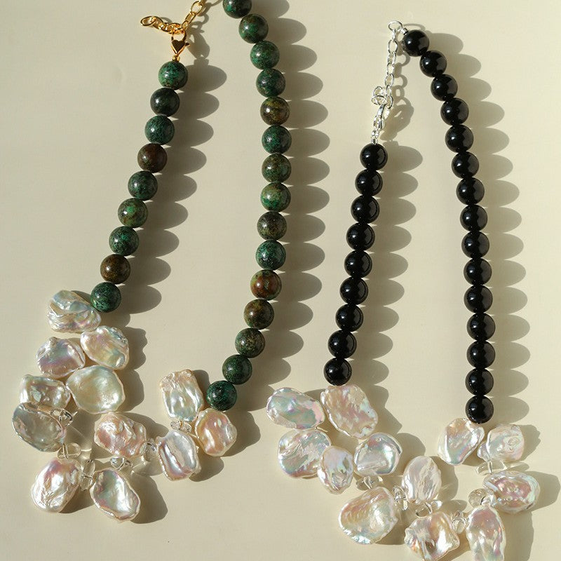 Baroque petal pearl necklace with black onyx beads – long sweater chain for women