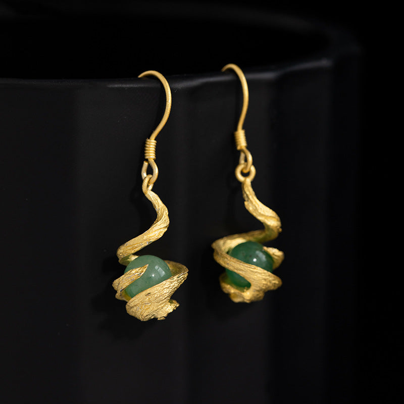 S925 Sterling Silver Green Aventurine Drop Earrings – Wave Texture Vintage Chinese Style Dangle Earrings
