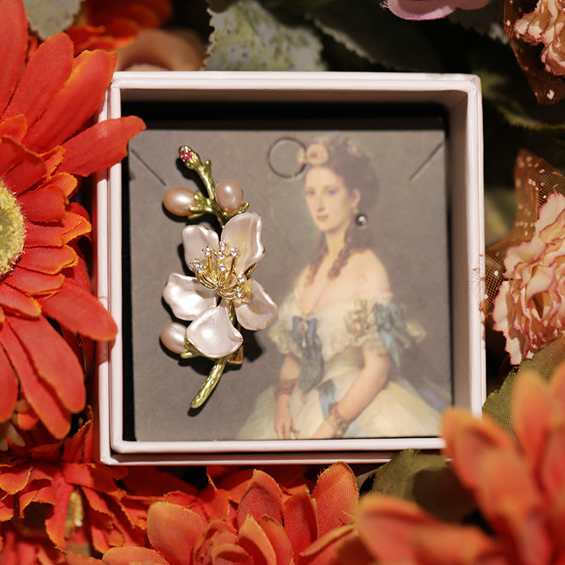 Elegant Classic Enamel Freshwater Pearl Peach Blossom Brooch - Luxurious Pin Gift