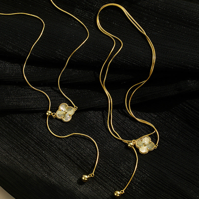 Sweater Chain Autumn and Winter Long 925 Sterling Silver Three-dimensional Lucky Grass Adjustable Necklace