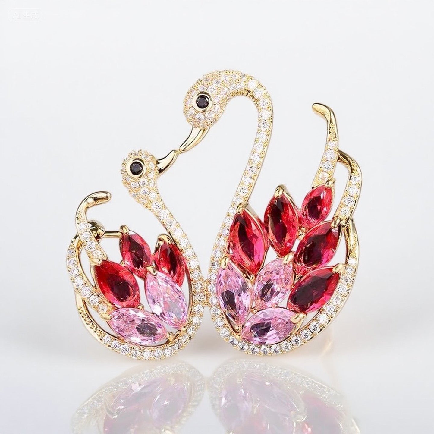 Gold Gradual Change Color Red Double Swan Animal Brooch