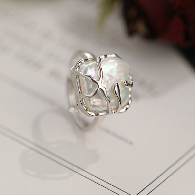 Dapaza S925 Sterling Silver Baroque Square Pearl Ring