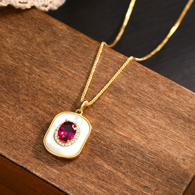 New S925 Silver Fritillary Pendant Light Luxury Ruby Geometric Necklace Whole Body S925 Silver Fashion Classic Pendant