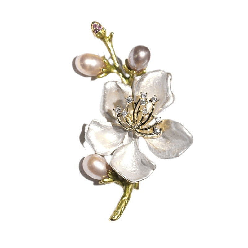 Elegant Classic Enamel Freshwater Pearl Peach Blossom Brooch - Luxurious Pin Gift