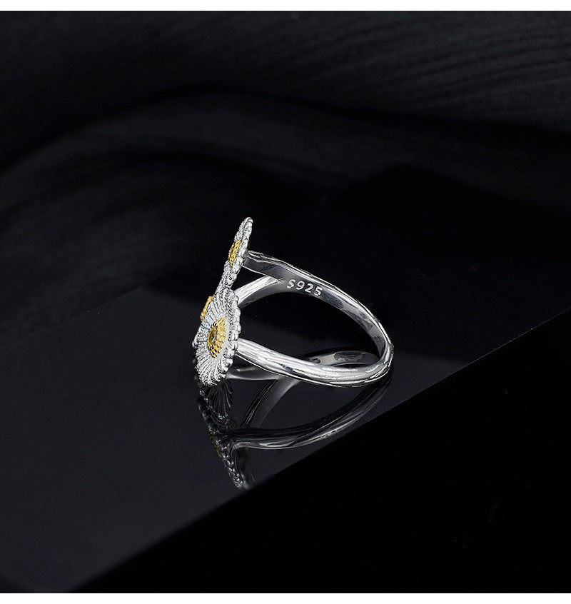Dapaza Niche Premium Sense S925 Sterling Silver Italian Brushed Vintage Small Daisy Open Ring
