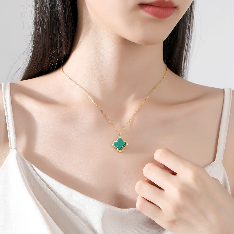 Dapaza Lucky Clover S925 Sterling Silver Natural Malachite Pendant Necklace