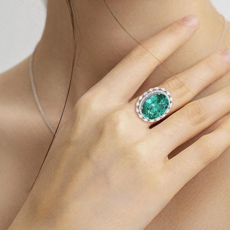 Dapaza S925 Sterling Silver Ring High Luxury Ice Flower Cut Open Ring Green Diamond Ring Women's Fashion Ring