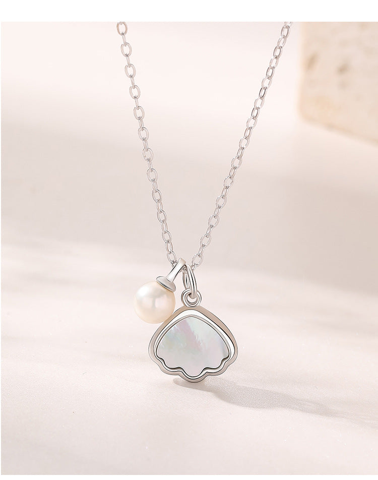 S925 Silver Necklace Double-sided Wearing Pearl  White Mother Shell Necklace Pendant