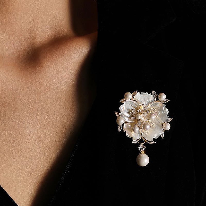 Mother Shell Brooch Pearl Camellia Zircon Corsage