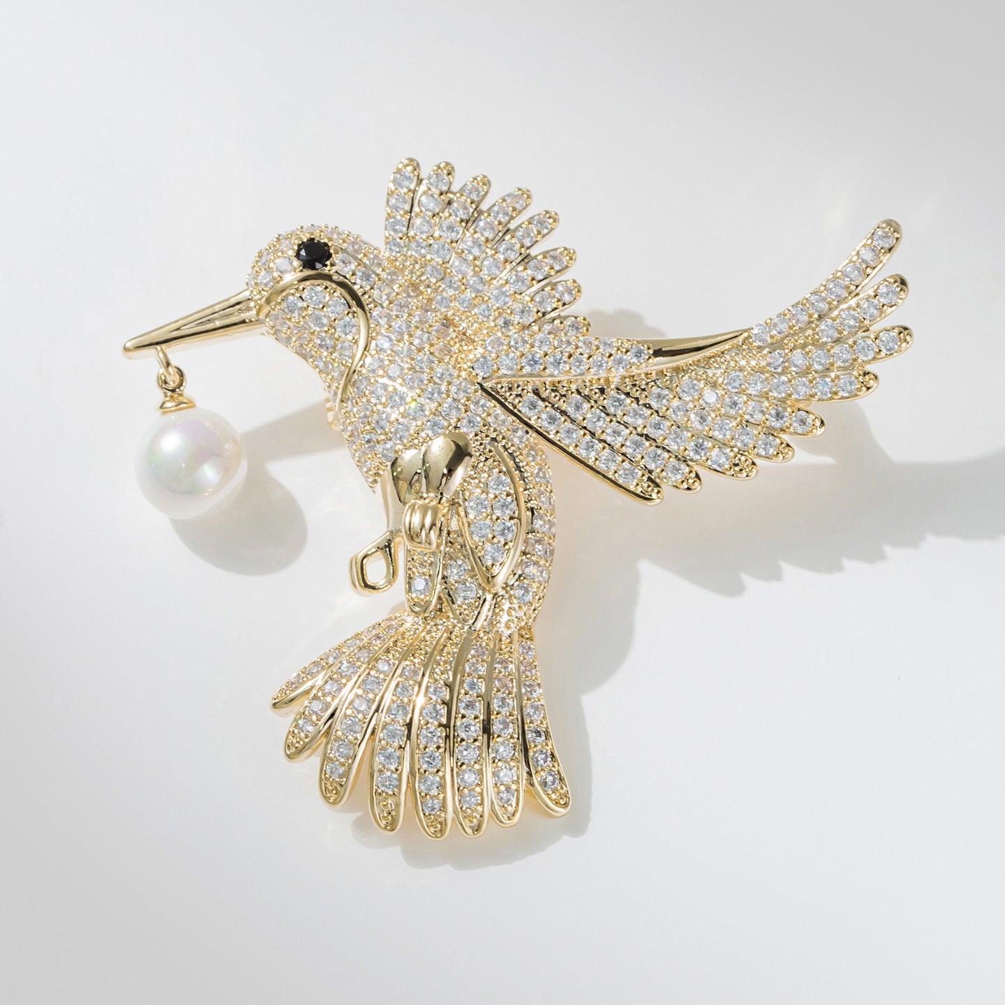 Silver White Pearl Hummingbird Brooch with Diamonds