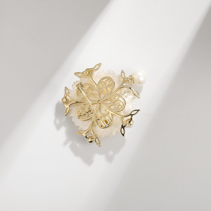 Shell Pearl Zircon Camellia Brooch
