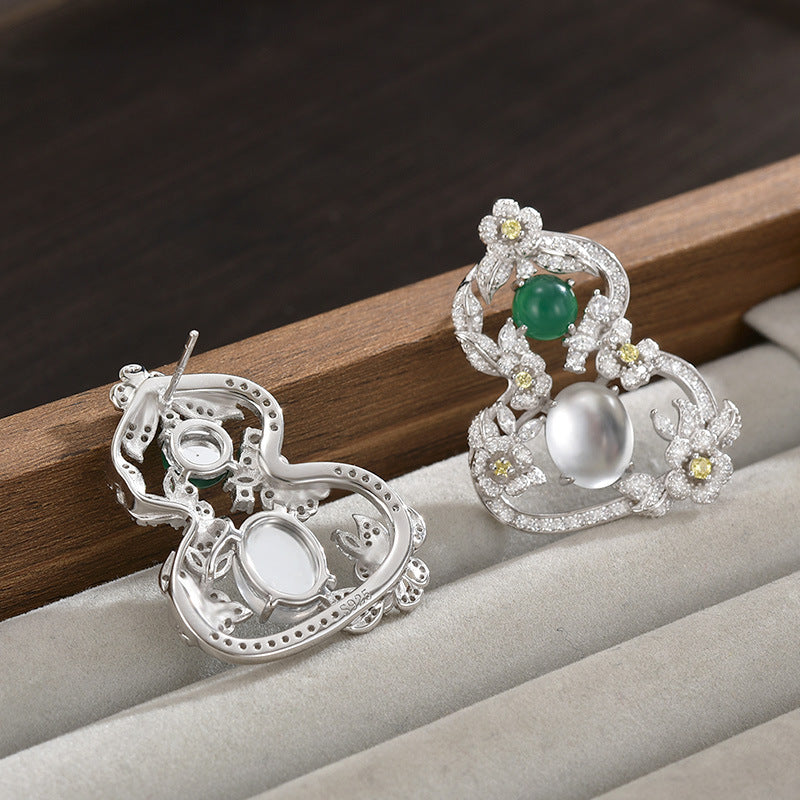 S925 Sterling Silver Earrings Women's High-end Sense Hollow Chalcedony Gourd Stud Earrings Exquisite Creative Versatile Earrings