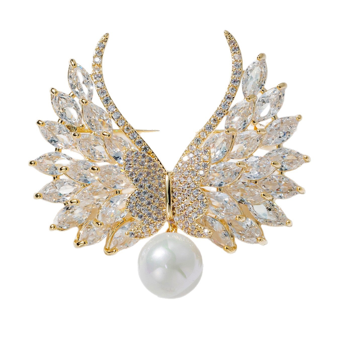 Fresh Gold White Pearl Wings Versatile Zircon Brooch