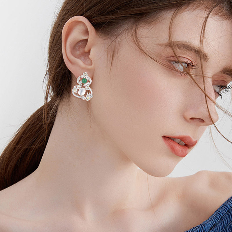 S925 Sterling Silver Earrings Women's High-end Sense Hollow Chalcedony Gourd Stud Earrings Exquisite Creative Versatile Earrings
