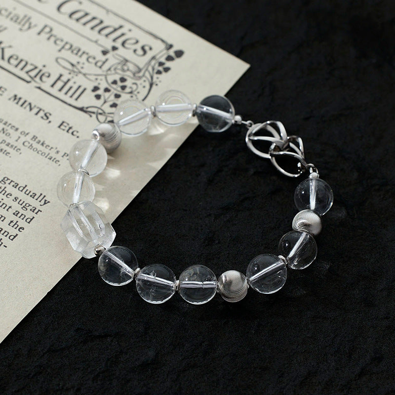 S925 Sterling Silver Natural White Crystal Round Bead 8-character Buckle Bracelet