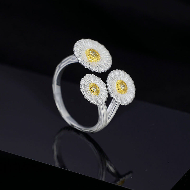 Dapaza Niche Premium Sense S925 Sterling Silver Italian Brushed Vintage Small Daisy Open Ring