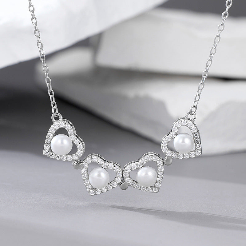 925 Sterling Silver Micro-inlaid Zircon Two Wearing Four-leaf Love Pearl Necklace Women's Niche Design Collarbone Chain