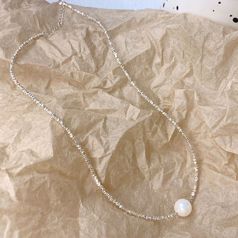 New S925 Sterling Silver Baroque Pearl Shredded Silver Necklace