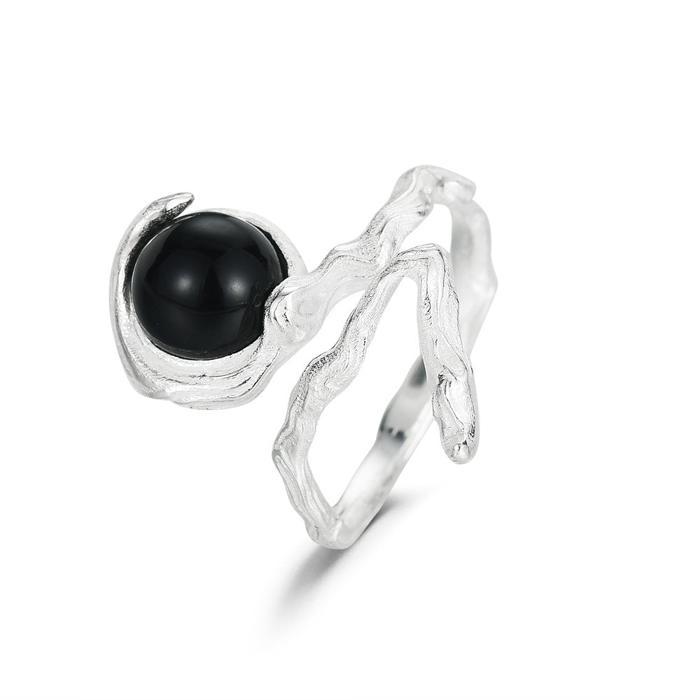S925 Sterling Silver Black Onyx Open Ring – Adjustable Minimalist Wave Design Ring