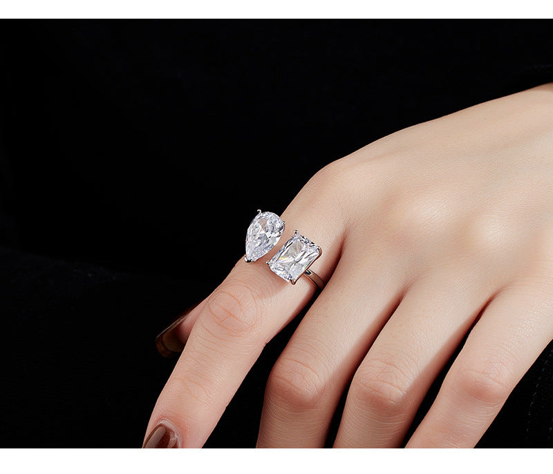 S925 Sterling Silver Ring Water Drop Large Sugar Cube Geometric Design Niche Personality Trend Opening Adjustable Ring