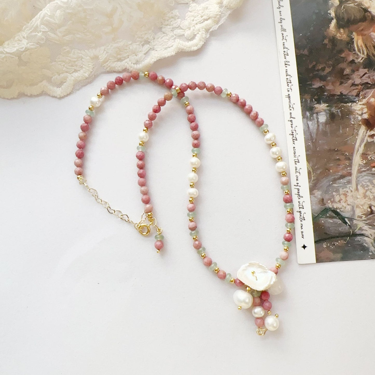 Buddha Life Water Lily Series Red Pink Pearl Necklace Bracelet Ring