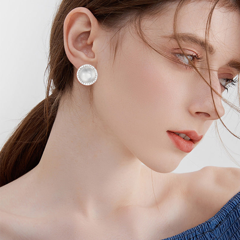 S925 Sterling Silver Stud Earrings High-end Natural Foam Jade Stud Earrings Clear Round Earrings Women's Gift