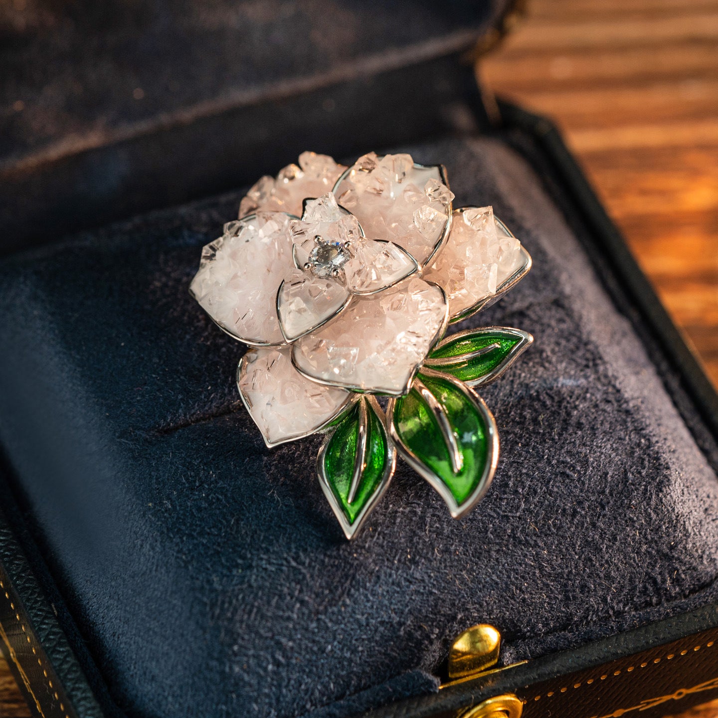 Diamond-set Pink Crystal Peony Brooch