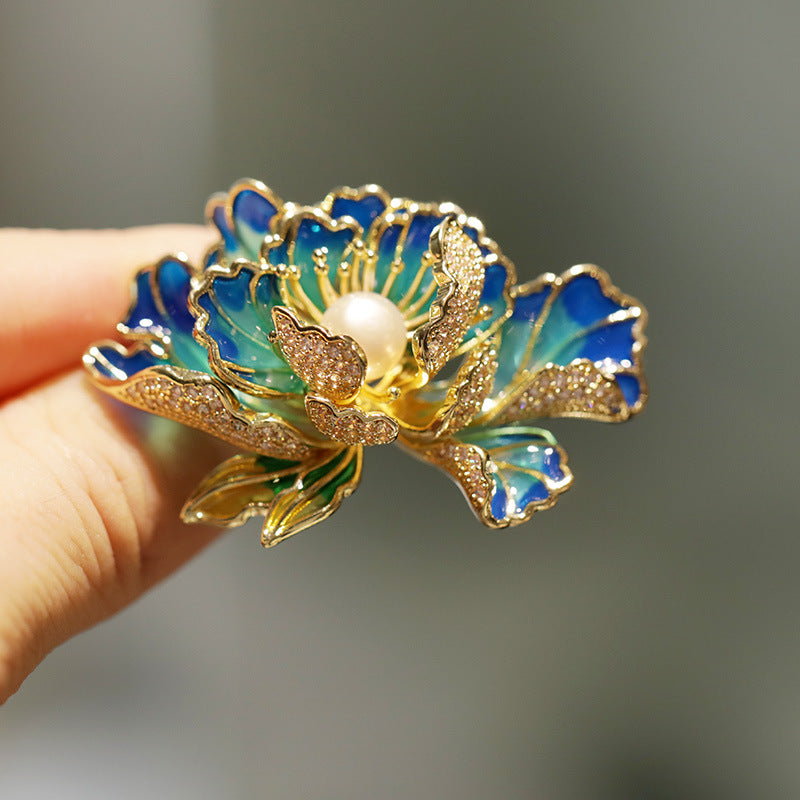Buddha Life Chinese Style Enamel Freshwater Pearl Peony Brooch
