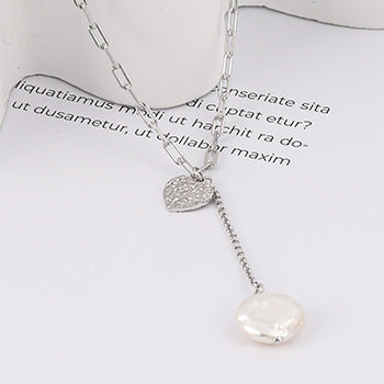 Gold Foil Love Necklace Women's 925 Silver Button Baroque Pearl Collarbone Chain