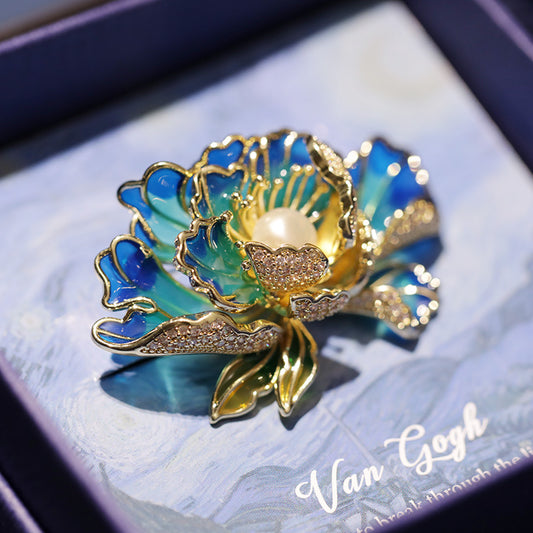 Buddha Life Chinese Style Enamel Freshwater Pearl Peony Brooch