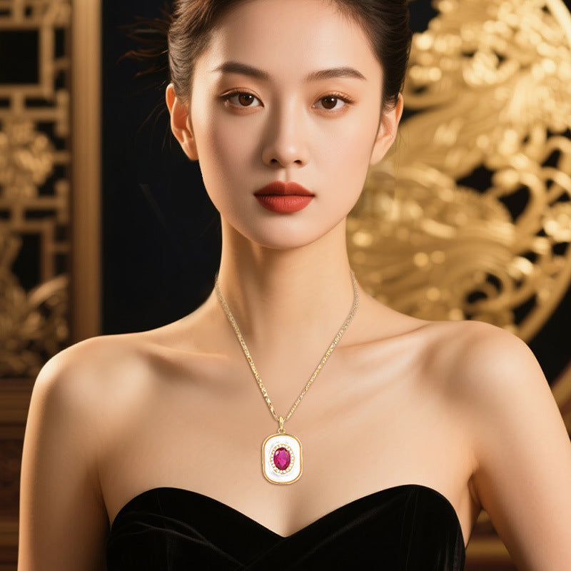 New S925 Silver Fritillary Pendant Light Luxury Ruby Geometric Necklace Whole Body S925 Silver Fashion Classic Pendant