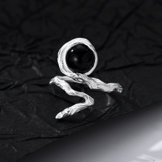 S925 Sterling Silver Black Onyx Open Ring – Adjustable Minimalist Wave Design Ring