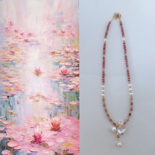 Water Lily Series Red Pink Pearl Necklace Bracelet Ring